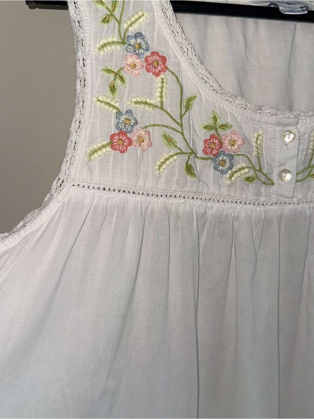 Vintage April Cornell White Cotton Dress Floral Embroidery Lace Boho Maternity